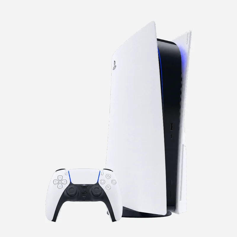 PlayStation 5 mit Controller auf hellem Hintergrund.